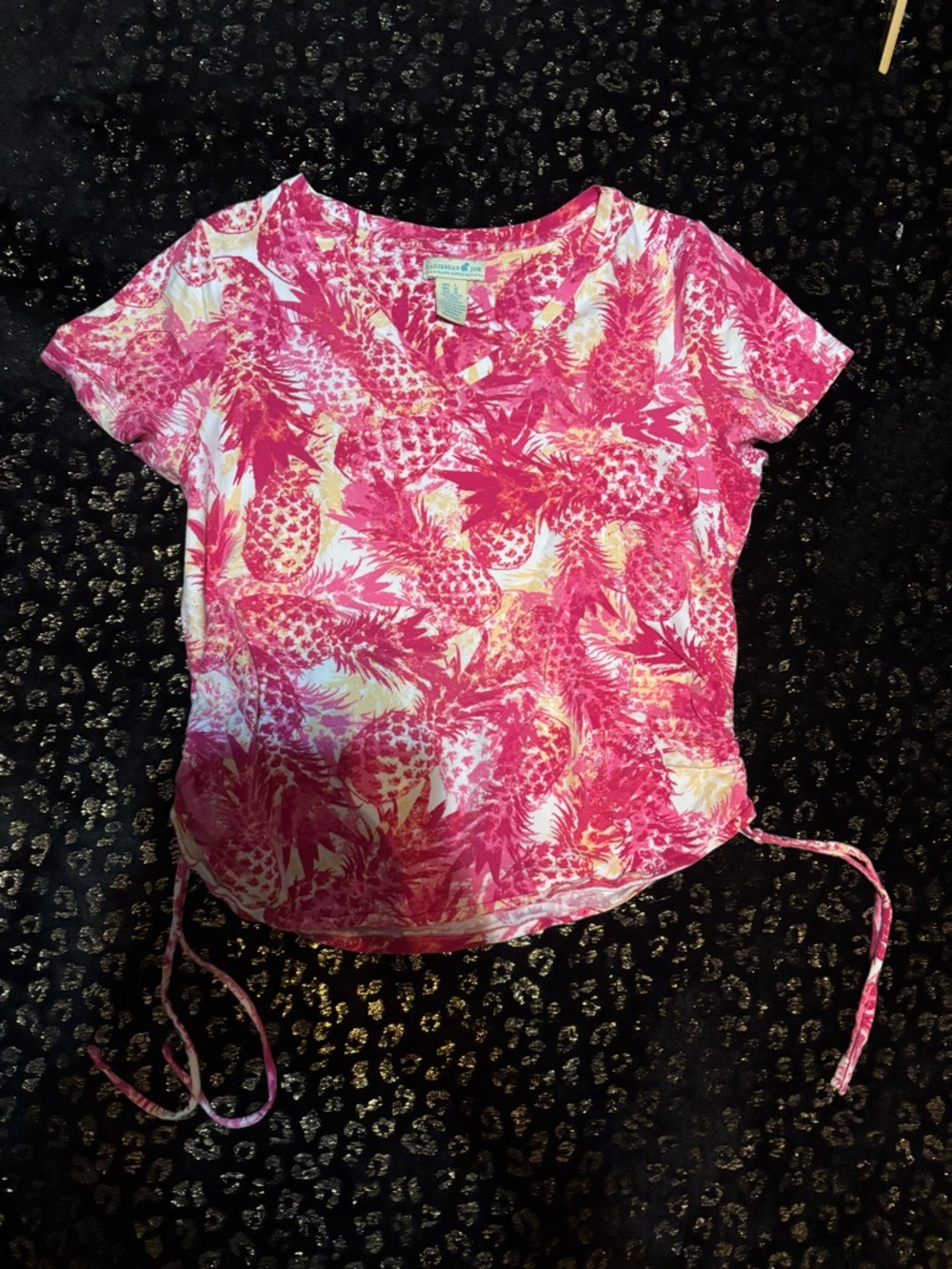 Vintage Caribbean Joe Bright Pink Pineapple Print Tie-Hem Women’s Top Beach Vaca
